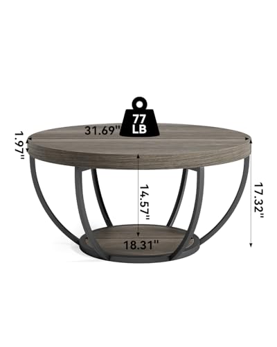 Round Coffee Table, 32" Circle Coffee Table for Living Room, 2-Tier Wood Accent Center Table with Open Storage Industrial Design Home Furniture (Grey and Black)