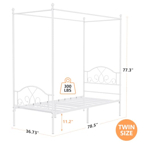 Twin Princess Canopy Bed Frame with 4 Posters, Twin Size Bed for Kids Girls, view 4
