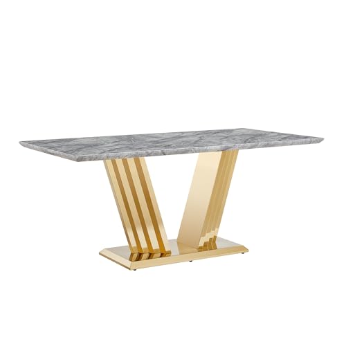 Marble Dining Table for 6 People, 70'' Rectangle Faux Marble Dining Table with Mirrored Stainless Steel Base, Large Size Marble Kitchen Table (Gold,Grey)(only Table)