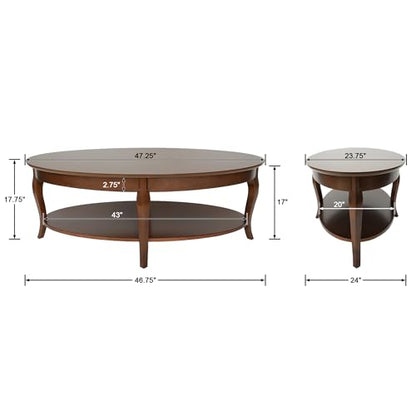 Coffee Table with Storage Oval Solid Wood Coffee Table Antique Farmhosue Living Room Table Rustic Center Table for Living Room Guest Room Reception Room Waiting Room, Brown Walnut Color