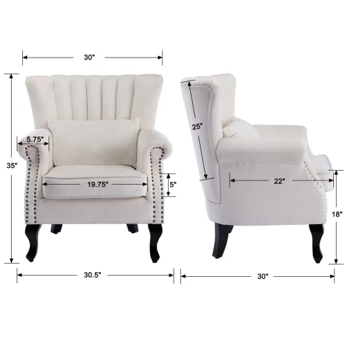Mid-Century Modern Accent Chair Comfy Single Sofa Chair Channel Back Armchair with Small Pillow for Living Roon Bedroom Club - Velvet, Cream