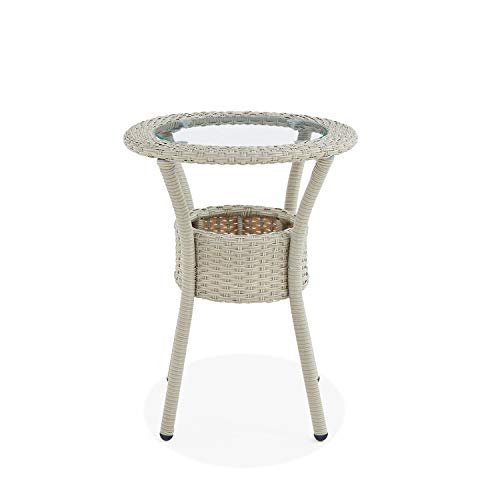 Modern and Weatherproof Haven All-Weather Wicker Outdoor Round Glass-Top Accent Table with Storage - Outdoor Furniture Patio Set & Metal - 20 in. W x 20 in. D x 26 in. H