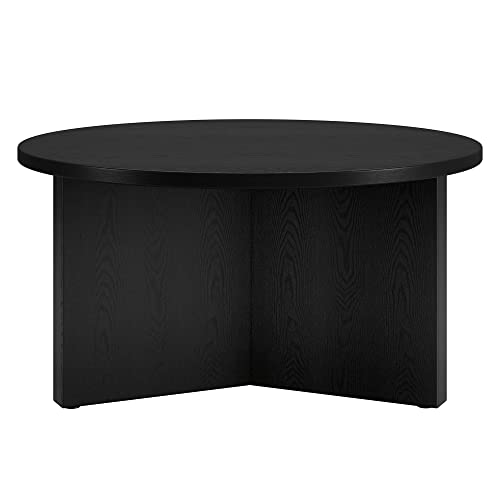 32" Round Wood Pedestal Coffee Table for Living Room, Family Room, Office, or Apartment, Natural Black