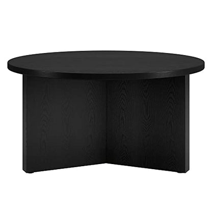 32" Round Wood Pedestal Coffee Table for Living Room, Family Room, Office, or Apartment, Natural Black
