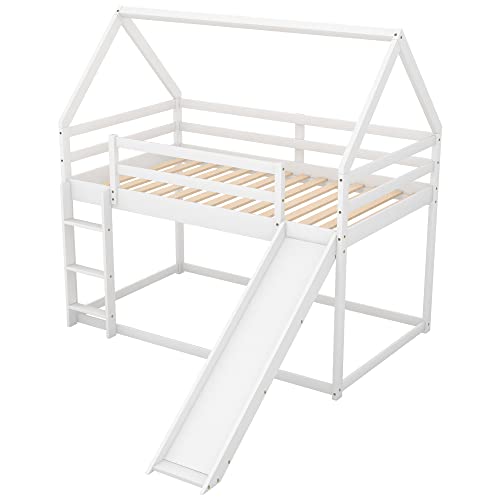 House Bed Bunk Beds with Slide, Wood Bunk Beds with Roof and Guardrail Twin Over Twin Bunk Bed for Kids, Toddlers, No Box Spring Needed (New, White)