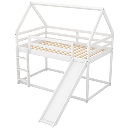 House Bed Bunk Beds with Slide, Wood Bunk Beds with Roof and Guardrail Twin Over Twin Bunk Bed for Kids, Toddlers, No Box Spring Needed (New, White)
