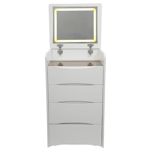 Integrated Vanity with Flip Top Lighted Mirror, 3 in 1 Compact Vanity, Small Dresser Desk Small Makeup Table with 3 Drawers for Girls, Bathroom, Bedroom, Dormitories (White)