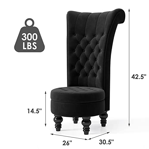 High Back Throne Royal Chair, Retro Armless Chair with Storage, Velvet Furniture Chair, Upholstered Tufted Accent Seat for Living Room, Bedroom, Black