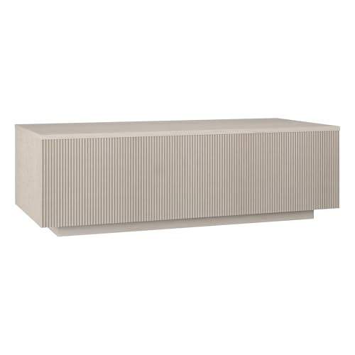 48" Fluted Rectangular Low-Profile Coffee Table with Ribbed Base for Living Room, Family Room, or Office, Beech White