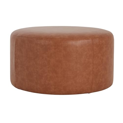 GAVI PU Leather Ottoman Foot Stool, 30" Pouf Footstool Ottoman Seat, Upholstered Foot Chair, Round Footrest, Modern Side Table for Living Room Bedroom Home Decor, Cognac Brown