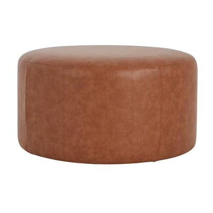 GAVI PU Leather Ottoman Foot Stool, 30" Pouf Footstool Ottoman Seat, Upholstered Foot Chair, Round Footrest, Modern Side Table for Living Room Bedroom Home Decor, Cognac Brown