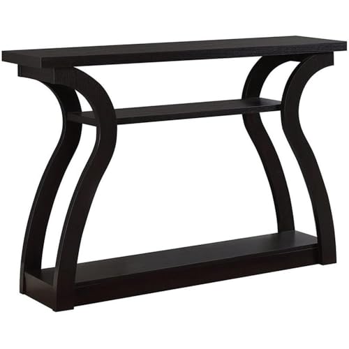 47" Three Tier Hall Console Accent Table, Cappuccino Finish, Wood Construction, 32" H x 12" W x 47" D, Open Shelves, Curved Base, Stylish Hallway, Living Room or Home Office Storage