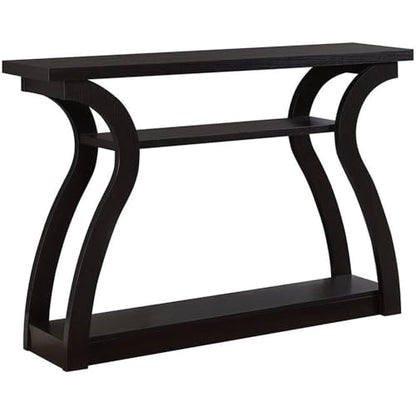 47" Three Tier Hall Console Accent Table, Cappuccino Finish, Wood Construction, 32" H x 12" W x 47" D, Open Shelves, Curved Base, Stylish Hallway, Living Room or Home Office Storage