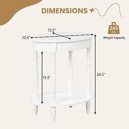 2-Tier Oval End Table, Sofa Side Table with Storage Shelf, Solid Wood Legs, Modern Accent Table, Compact Nightstand for Living Room, Bedroom, Small Space, White