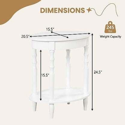 2-Tier Oval End Table, Sofa Side Table with Storage Shelf, Solid Wood Legs, Modern Accent Table, Compact Nightstand for Living Room, Bedroom, Small Space, White