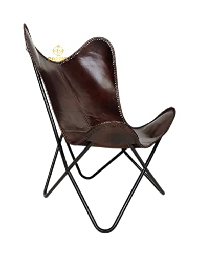 Leather Butterfly Chair with Folding Iron Frame - Handmade Dark Brown Accent Lounge Chair for Living Room, Bedroom, Patio