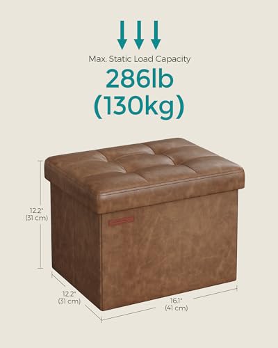SONGMICS Small Folding Storage Ottoman, Synthetic Leather, Coffee Brown | Foot Rest Stool, Cube Footrest, 12.2 x 16.1 x 12.2 Inches, 286 lb Capacity, Bedroom, Dorm, ULSF100K01