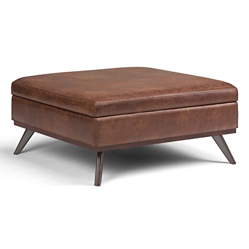 Owen XL Square Coffee Table Storage Ottoman - 40 inch Wide Upholstered Vegan Leather Lift-Top Ottoman in Distressed Saddle Brown, Mid-Century Modern Ottoman for Living Room with Storage