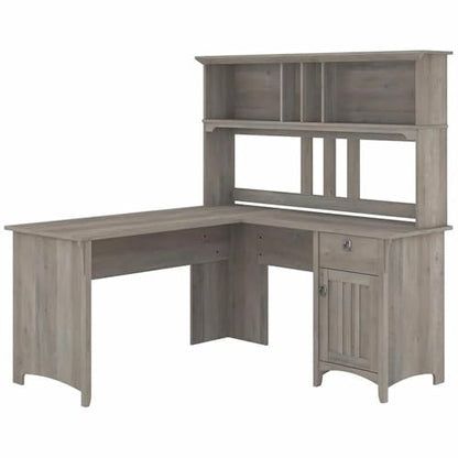 Salinas L Shaped Desk with Hutch in Driftwood Gray | Corner Table with Drawers and Storage for Home Office