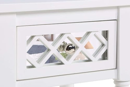 French Country Khloe Deluxe 1 Drawer Accent End Table 14" - Traditional Farmhouse Side Table with Mirrored Storage Drawer and Shelf for Living Room, White