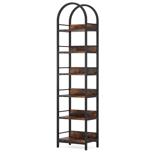 Tribesigns 6-Tier Open Bookshelf, 78.7" Tall Arched Bookcase Narrow Bookshelf with Metal Frame, Freestanding Corner Bookcase Display Shelves for Living Room, Home Office, Rustic Brown