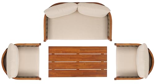 SAFAVIEH Outdoor Patio Furniture - Amanda 4-Piece Set - Sand & Taupe - Acacia Wood - Coastal, Conversation Set with Detachable Cushion Covers - Ideal for Patio, Deck, Porch, Backyard (PAT9512A-KIT2)