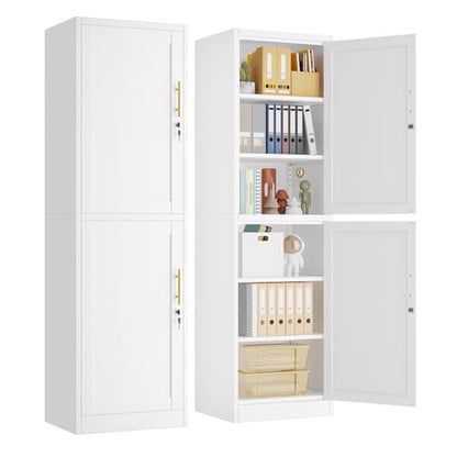 67" Metal Storage Cabinet with Lock, Tall Narrow Office File Cabinets with 2 Doors & 4 Adjustable Shelves, Metal Steel Locker for Home, School, Office, Garage or Gym (White)