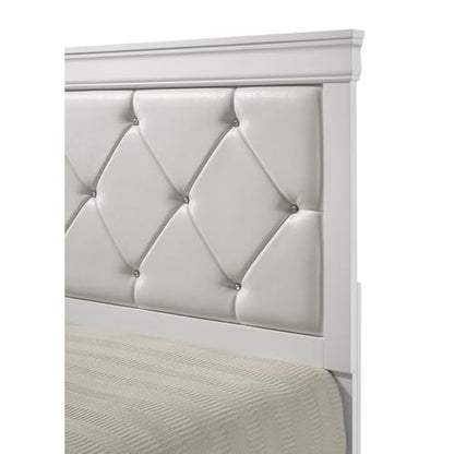 Trending Large White Finish Queen Size Panel Bed with Crystal-Like Button Tufted Headboard for Modern Bedroom Furniture