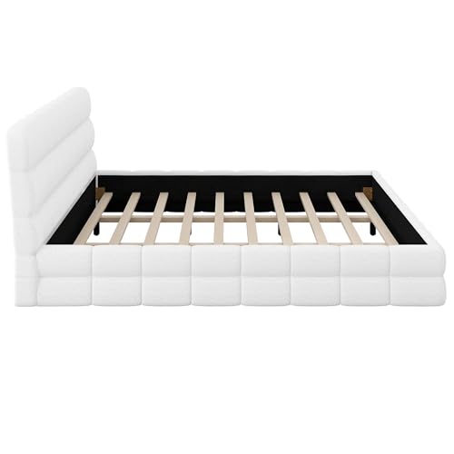 JIVOIT King Size Upholstered Platform Bed with Headboard, Berber Fleece Fabric (White & 12,King)