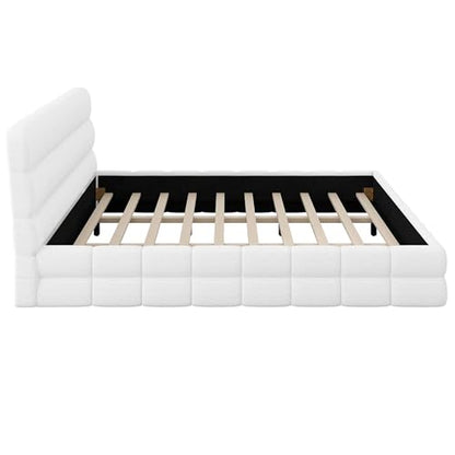 JIVOIT King Size Upholstered Platform Bed with Headboard, Berber Fleece Fabric (White & 12,King)