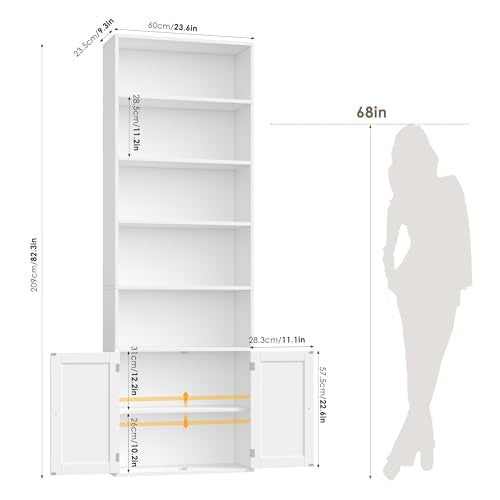82" Tall Bookcase and Book Shelf, 24" Wide Bookshelf with Doors, 7 Tier Bookcase with Storage and Adjustable Shelf, Open and Display Farmhouse Bookshelf for Living Room, Home Office, White