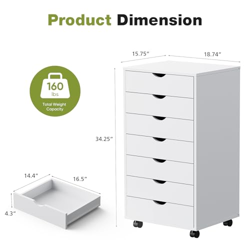 7 Drawer Rolling Storage Cabinet, Wood Under Desk Mobile Dresser with Wheels, view 4