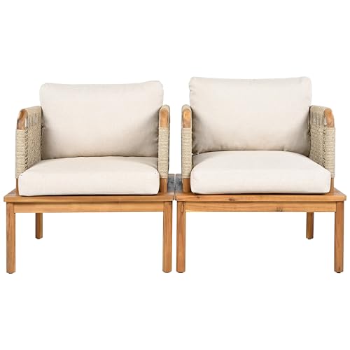 Coby Acacia Wood Patio Accent Chair Set of 2, Acacia Wood Outdoor Club Chair with Cushion, Patio Furniture Set, Teak+Beige