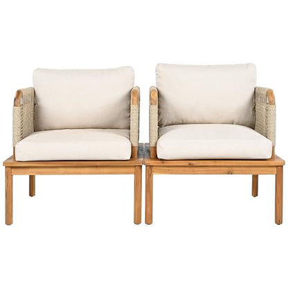 Coby Acacia Wood Patio Accent Chair Set of 2, Acacia Wood Outdoor Club Chair with Cushion, Patio Furniture Set, Teak+Beige