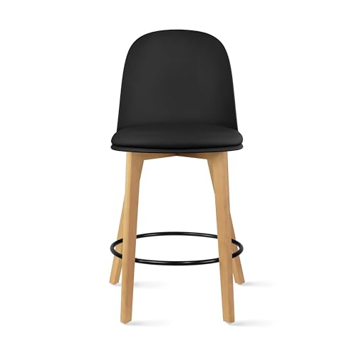 Set of 2 Counter Height Barstools | Mid Century Modern PU Leather Padded Seat | Solid Wood Legs with Round Metal Footrest | Kitchen Island Bar Chair | Non-Slip Feet, Black