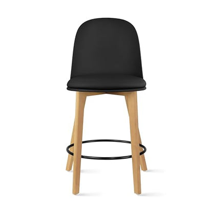 Set of 2 Counter Height Barstools | Mid Century Modern PU Leather Padded Seat | Solid Wood Legs with Round Metal Footrest | Kitchen Island Bar Chair | Non-Slip Feet, Black