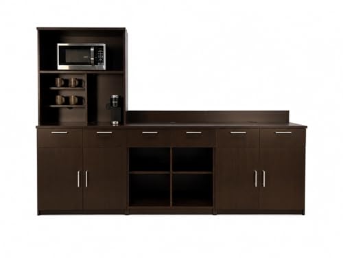 3-Door Breakroom Hutch Cabinet with Microwave Space, Commercial Office Kitchenette Storage, Fully Assembled, 108" W x 24" D x 75" H, Appliances Not Included