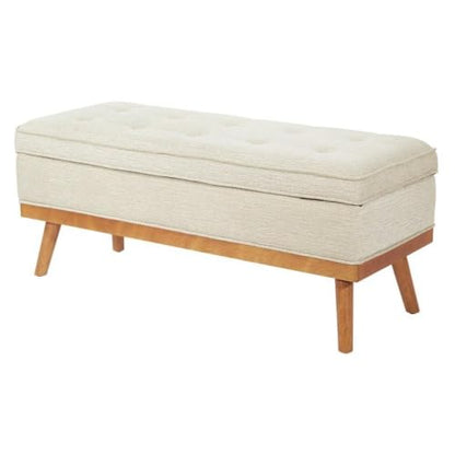 Mid-Century Storage Bench, 43.5"W x 17.5"D x 18.5"H, Linen Beige Fabric, Button-Tufted Design, Solid Wood Espresso Legs, Soft-Close Hinged Top, Hidden Storage for Bedroom or Entryway Use