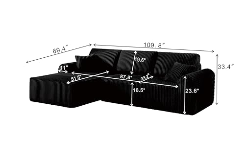 109-Inch L-Shaped Left Facing Boneless Corner Sofa 2 PCS Modular Sectional Cloud Sofa Couch with Chaise Lounge and Toss Pillow, Corduroy Boneless L-Shaped Couches