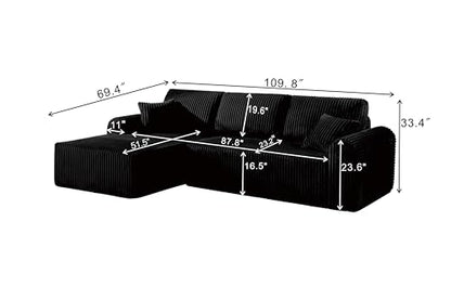 109-Inch L-Shaped Left Facing Boneless Corner Sofa 2 PCS Modular Sectional Cloud Sofa Couch with Chaise Lounge and Toss Pillow, Corduroy Boneless L-Shaped Couches