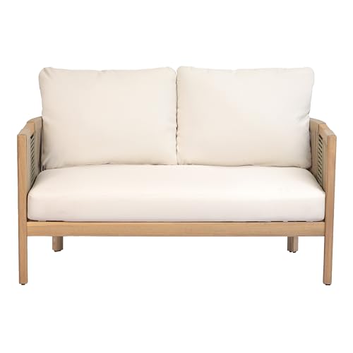 5-Piece Acacia Wood Patio Furniture Set with Coffee Table, 7 Seater Outdoor Conversation Sofa Set, Patio Sectional Chat Set for Backyard Balcony, Teak+ Beige