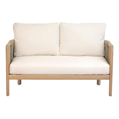 5-Piece Acacia Wood Patio Furniture Set with Coffee Table, 7 Seater Outdoor Conversation Sofa Set, Patio Sectional Chat Set for Backyard Balcony, Teak+ Beige
