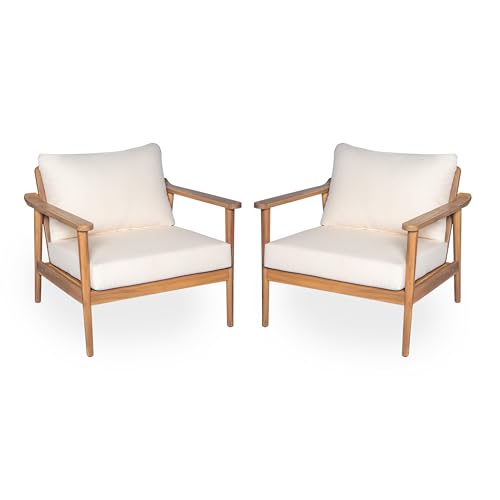 Batis Acacia Wood Lounge Chair Outdoor Set of 2, Wooden Patio Accent Chair Set, Comfy Reading Seat with Removable Cushion, Patio Furniture Set, Teak+Beige