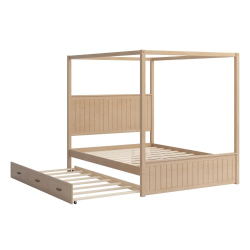 Queen Size Wood Canopy Bed Frame with Trundle & Drawer for Bedroom, Natural, view 5