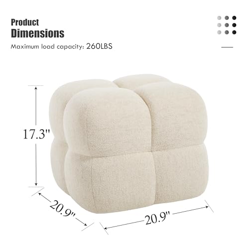 Beige Modern Ottoman, 21" Square Funky Pouf Ottoman, Linen Fabric Upholsered Foot Rest, Small Coffee Table & Couch Footstool & Vanity Chair for Living Room Bedroom, Dorm, Cute Pouf Home Decor