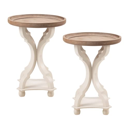 Set of 2 Rustic Farmhouse Cottagecore Accent End Table, Natural Tray Top Side Table Nightstand for Family, Dinning or Living Room, Handcrafted Finish, Modern, White (2 Pack)