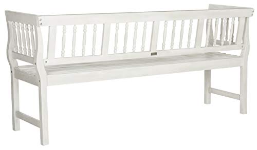 SAFAVIEH Outdoor Patio Furniture Collection – Brentwood Antique White Distressed Acacia Wood Bench with Silver Accents, Classic Outdoor Seating for Porch or Garden (PAT6732C)