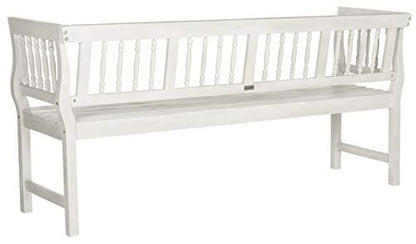 SAFAVIEH Outdoor Patio Furniture Collection – Brentwood Antique White Distressed Acacia Wood Bench with Silver Accents, Classic Outdoor Seating for Porch or Garden (PAT6732C)