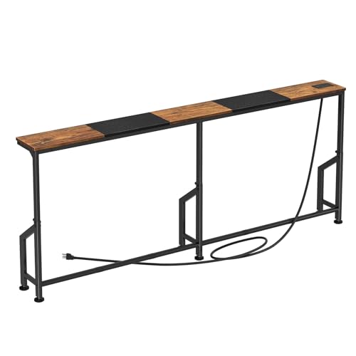 Behind Couch Table, Adjustable Height (4 Levels), 76.9" Long Narrow Console Table with Power Strip (2 AC, USB & USB-C) & Anti-Tip Wall Screws, Slim Sofa Table for Living Room