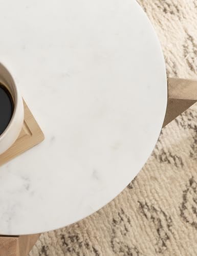 Moxley Transitional Round Side Table; 16 x 16 x 22; White Marble and Natural Wood; Tiered Pedestal Table with Authentic Marble Tabletops for Bedroom Nightstand or Indoor Plant Stand